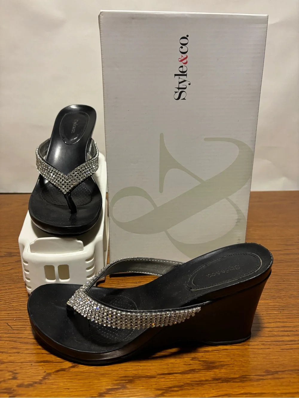 Style & Co. Black Wedge Sandals with Silver Rhinestone Straps